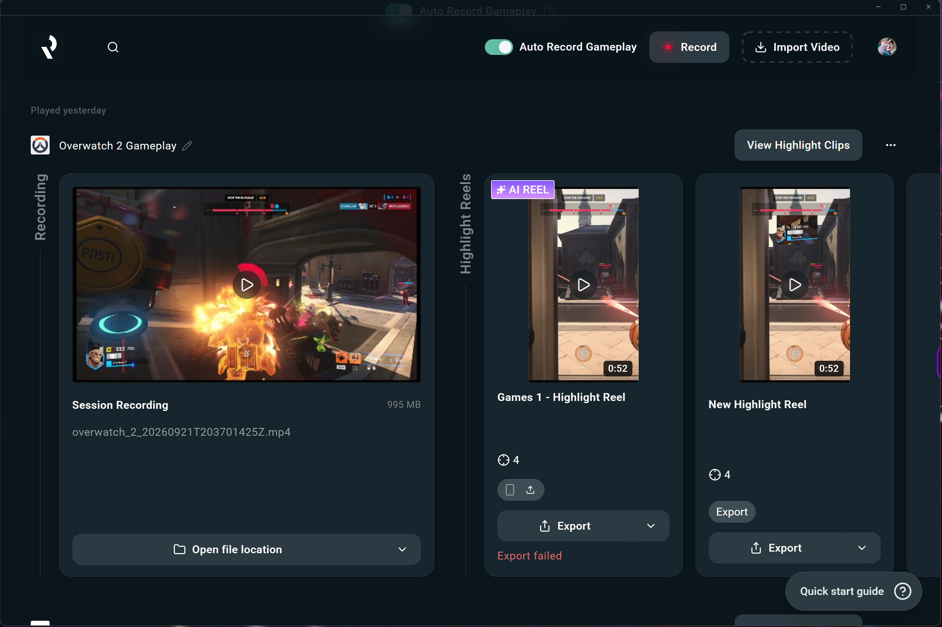 Highlight clips for Overwatch gaming session in the Replay app